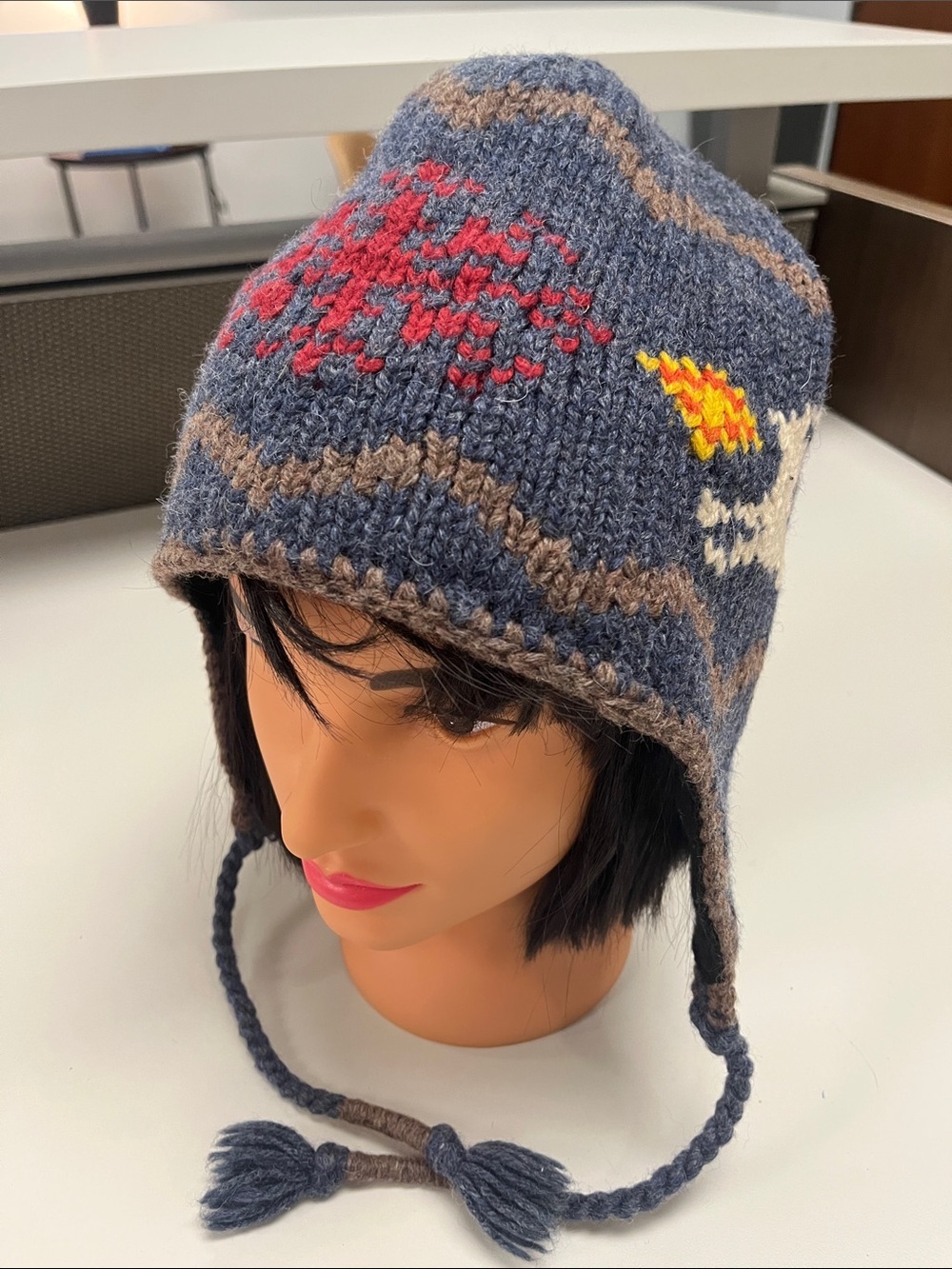 Land of the Isles Blue Wool combo Earflap Hat with Red and Yellow Accents